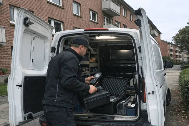 Einsatzfahrzeug der Schimmelbeseitigung vor Ort